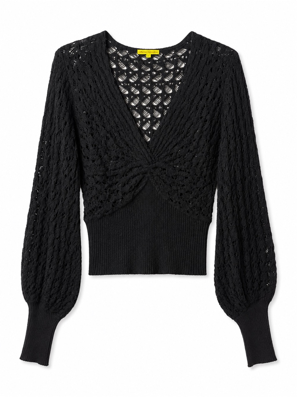 Catherine Malandrino 100% Baby Alpaca Black Open Knit Sweater Balloon Sleeve L